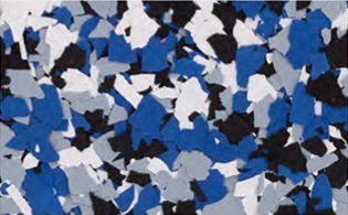 Blue, black, gray, and white paint chips are scattered in an abstract, random pattern.